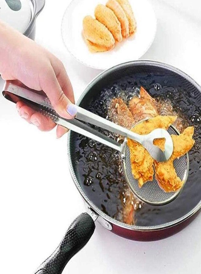 IDEA CHASERS Mesh Service Tong Strainers - 2 in 1 Stainless Steel Kitchen Tongs Filter Spoon with Clip, Multifunctional Oil Filter Strainer Mesh with Long Handle for Fried Chicken, French Fries (Pack of 1) - Image 1